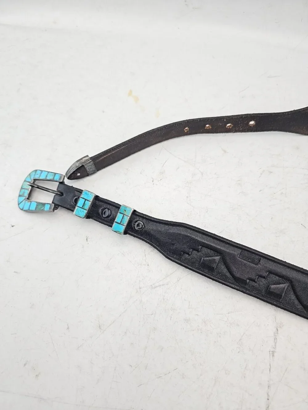 Western Tooled Leather Turquoise Inlay Belt